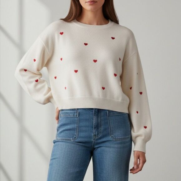 JESSICA SIMPSON Cream and Red Heart Crew Neck Sweater, NEW! Size XL - Picture 2 of 7